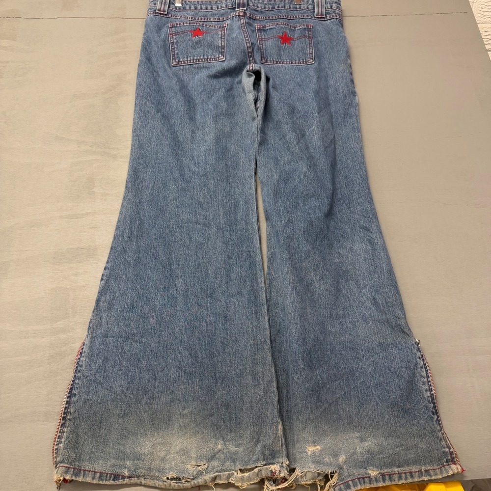Vintage MT:2 Star Embroidered Wide Leg Flare Jeans Red Contrast Stitching USA 13